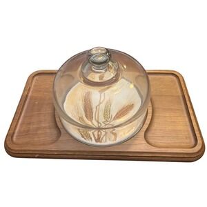 Vintage | Goodwood Harvest | Wheat‎ Teak Cheese Board Serving Tray | Glass Dome